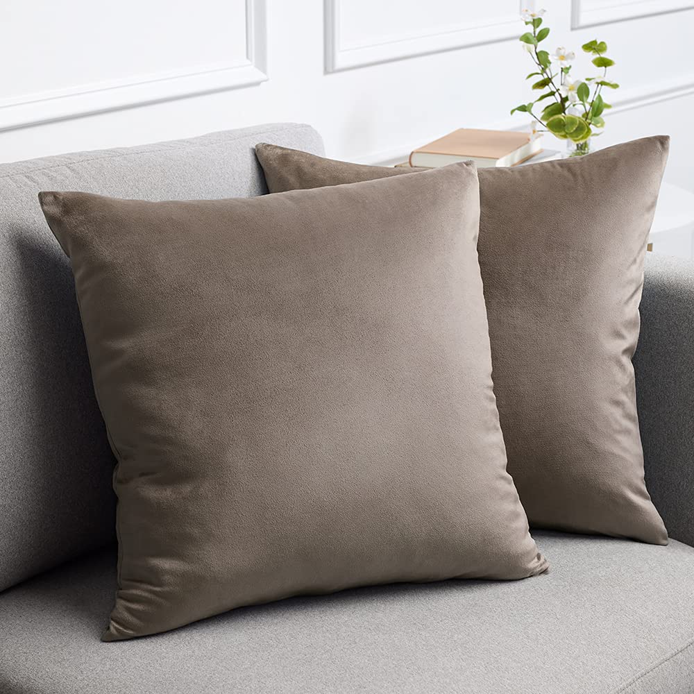 lalaLOOM Velvet Throw Pillow Covers Set of 2 24x24 Soft Accent Cases for Pillows Decorative Square Home Decor Silky Machine Washable for Sofa Couch Bedroom Living Room Taupe