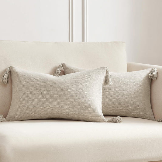 Meekio Set of 2 Light Beige Pillow Covers 12 x 20 inches Neutral Pillow Covers Textured Throw Pillow Covers with Tassels for Neutral Home Decor