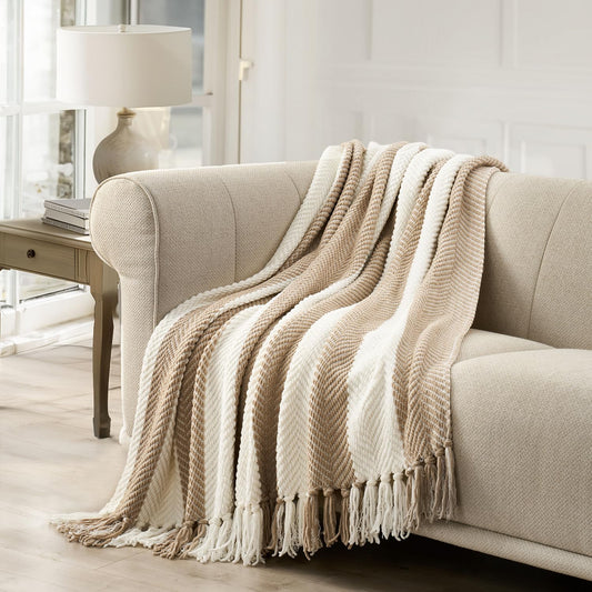 EVERGRACE Striped Chenille Knit Beige Throw Blanket for Couch Textured Woven Boho Knitted Blanket for Bed Super Soft Cozy Shabby Chic Knit Throw with Tassels for Farmhouse Home Decor. 60”x80”